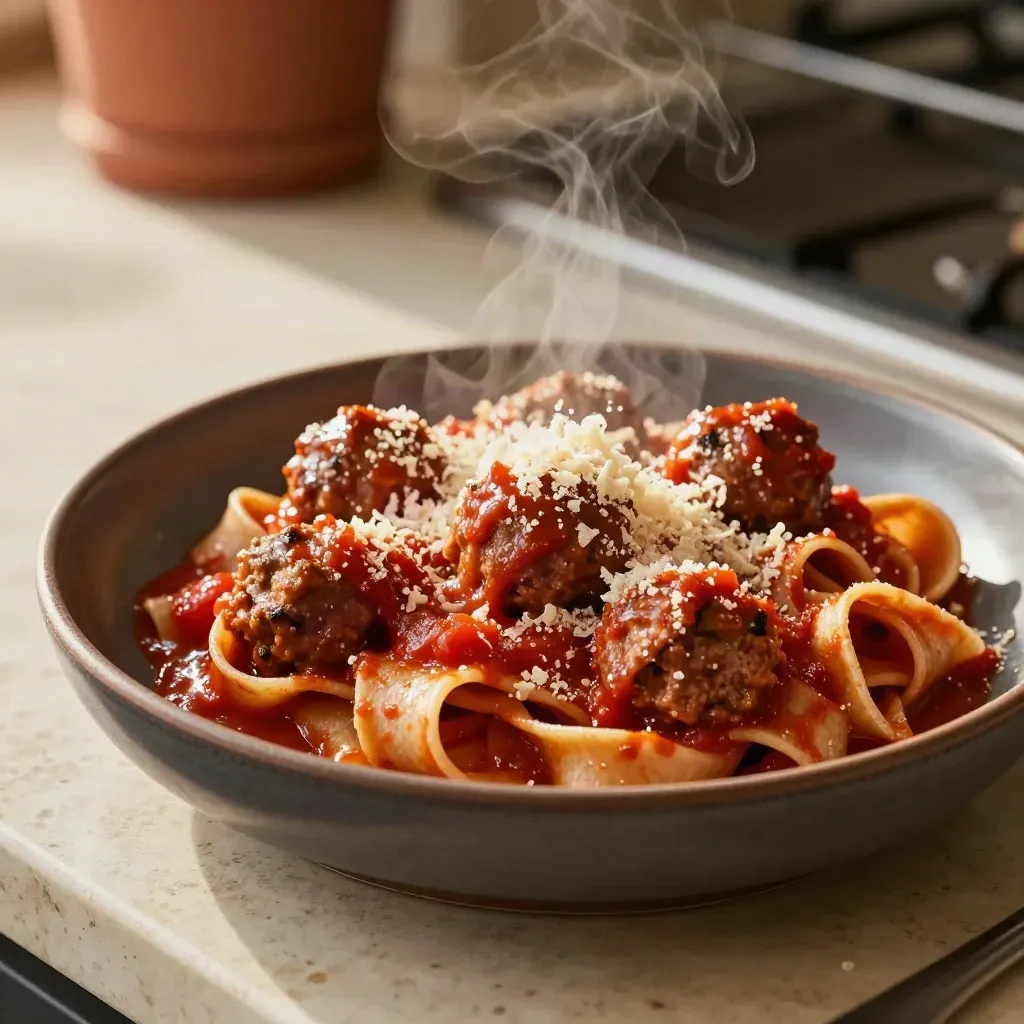 Tagliatelle al sugo rosso con polpette in ciotola di ceramica, con vapore e parmigiano.