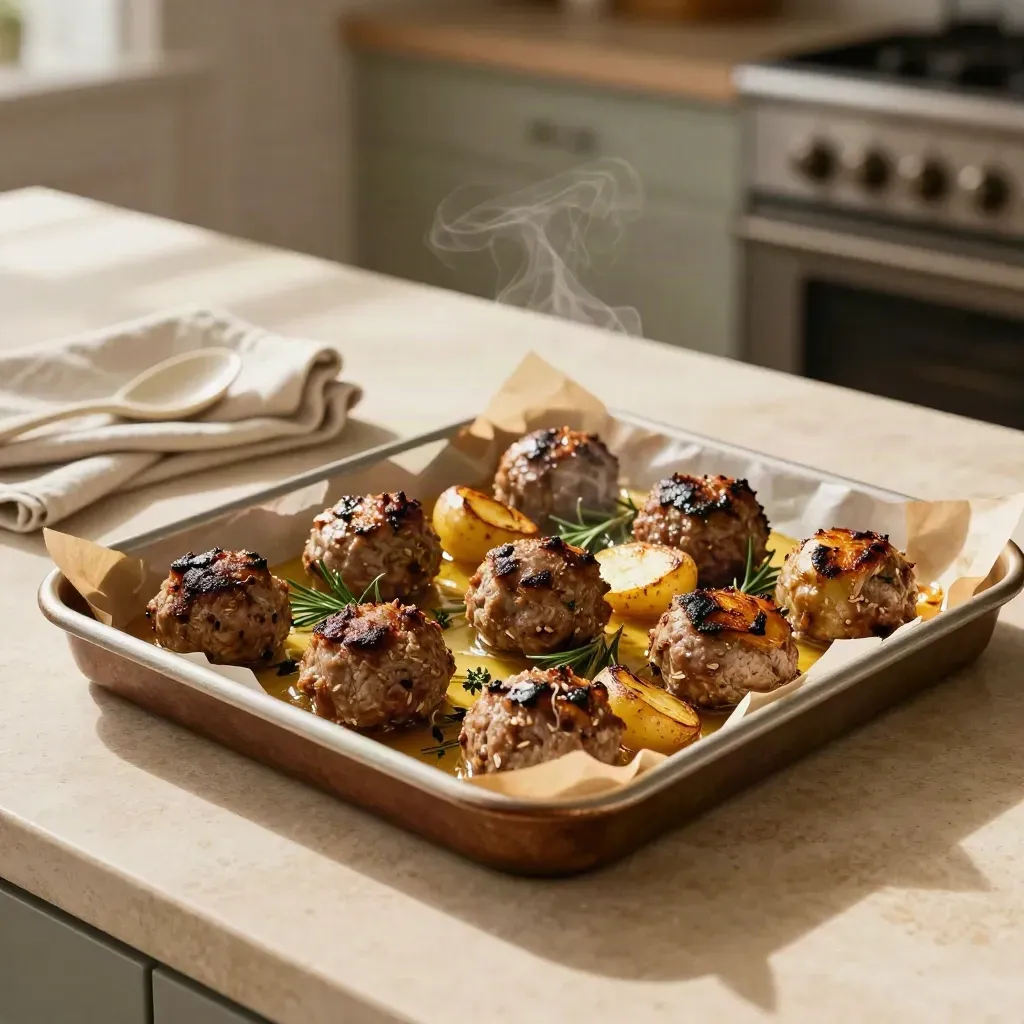 Teglia di polpette al forno con patate novelle, rosmarino e fondo dorato.
