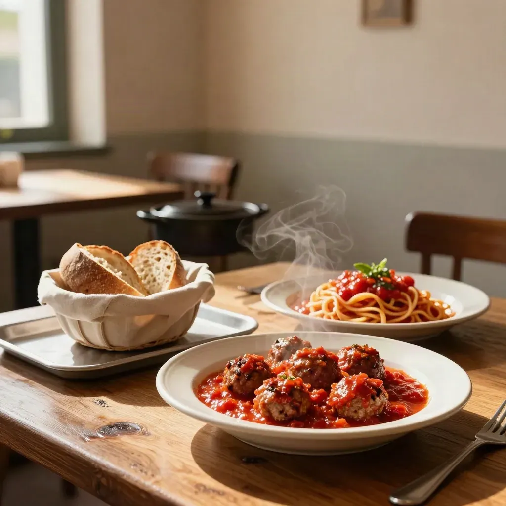 Sala calda con polpette al sugo, tagliatelle, pane e vassoio takeaway, luce dopo il temporale.