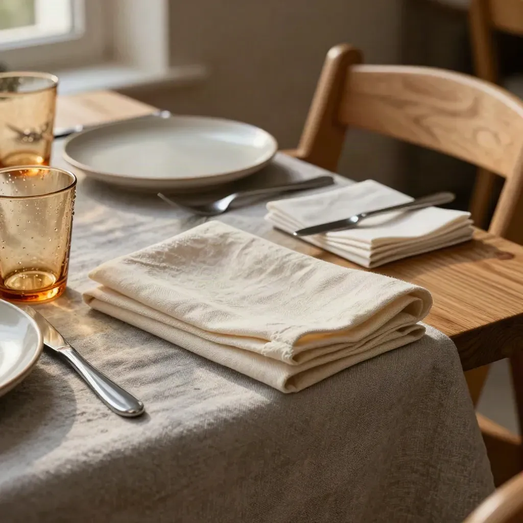 Tavolo familiare pronto con seggiolone, bicchieri bassi, piattini e tovaglioli in luce calda.