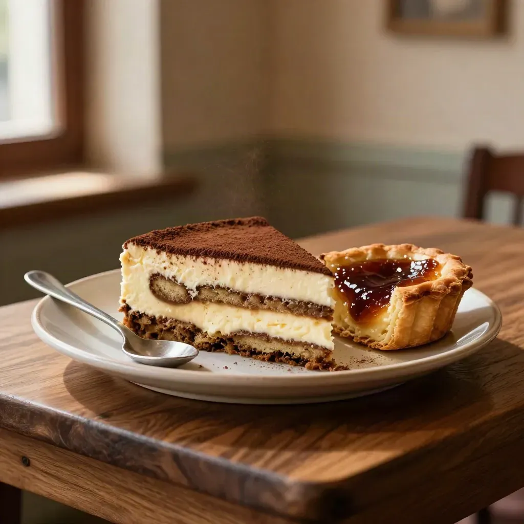 Fetta di tiramisù e crostata con cucchiaino su piatto caldo di ceramica.