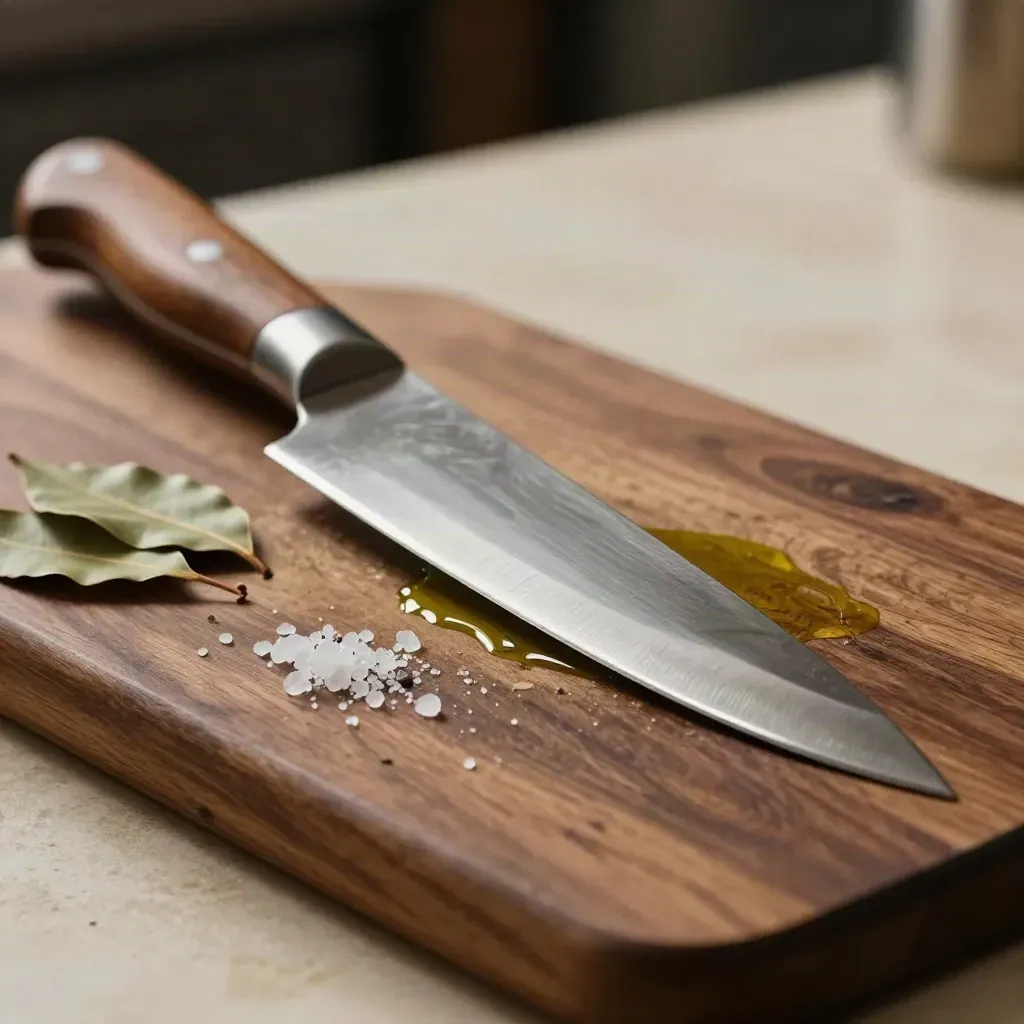 Coltello da chef, tagliere in noce, sale grosso e foglie di alloro in primissimo piano