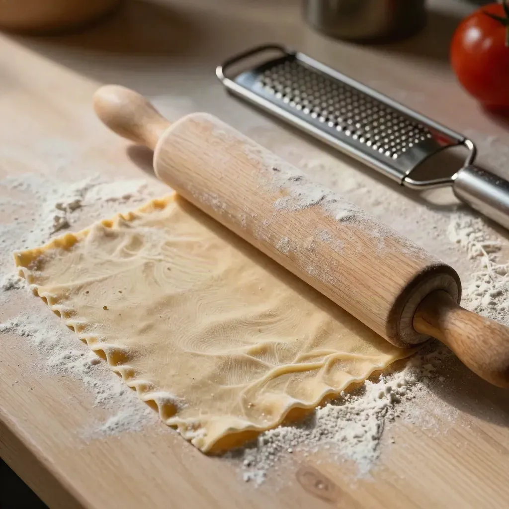 Sfoglia fresca, mattarello e grattugia su piano in legno chiaro con velo di farina.