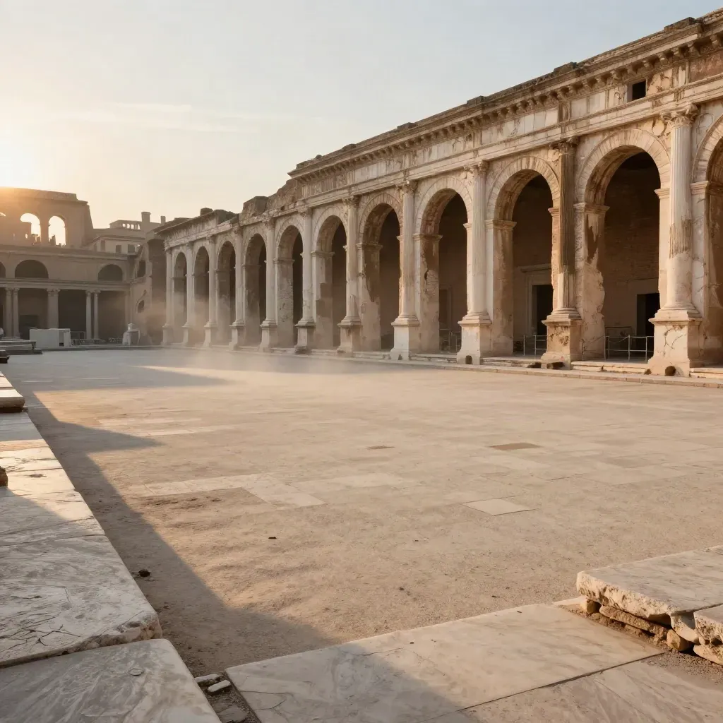 Fori Imperiali al tramonto con travertino caldo, luce dorata e basamento di pietra calmo