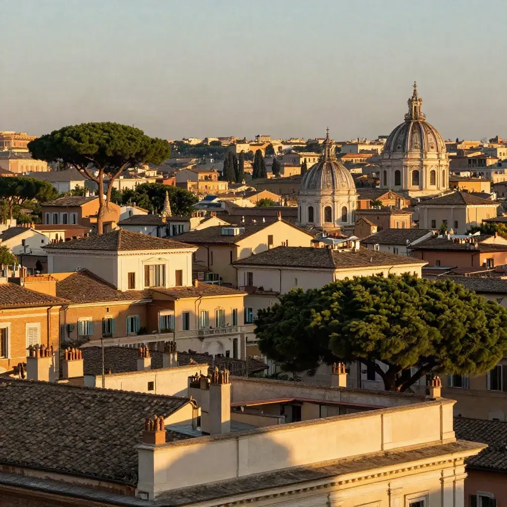 Tetti eleganti di Roma Nord al tramonto con cupole lontane, pini e luce dorata dalla terrazza.